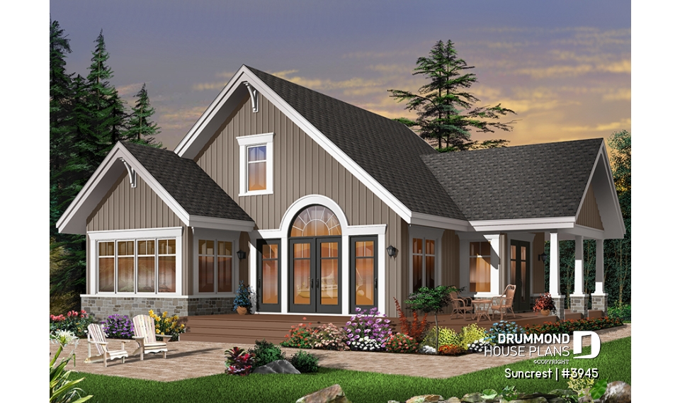 Rear view - BASE MODEL - Open floor plan lakefront Country Cottage, master bedroom on main, double sided fireplace &amp; covered terrace - Suncrest