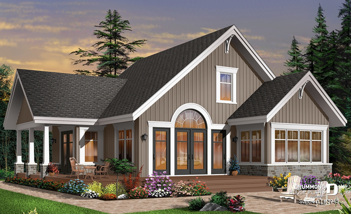 Rear view - BASE MODEL - Open floor plan lakefront Country Cottage, master bedroom on main, double sided fireplace &amp; covered terrace - Suncrest