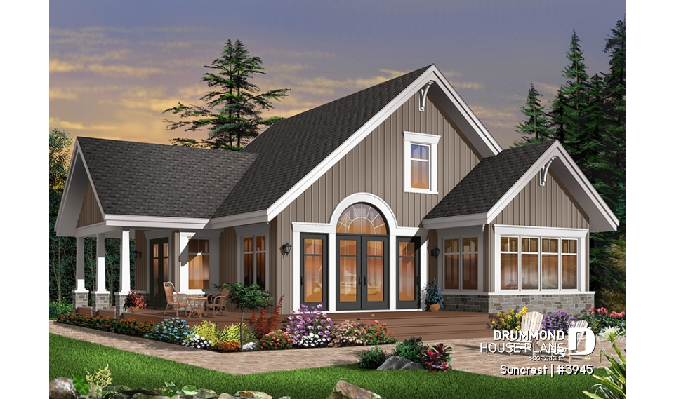 Rear view - BASE MODEL - Open floor plan lakefront Country Cottage, master bedroom on main, double sided fireplace &amp; covered terrace - Suncrest