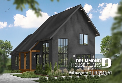front - BASE MODEL - Modern cottage house plan, 3 bedrooms, master suite on main floor, lots of natural light, mezzanine - Willowgate 2