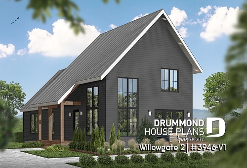 front - BASE MODEL - Modern cottage house plan, 3 bedrooms, master suite on main floor, lots of natural light, mezzanine - Willowgate 2