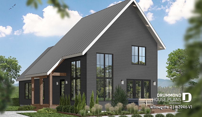 front - BASE MODEL - Modern cottage house plan, 3 bedrooms, master suite on main floor, lots of natural light, mezzanine - Willowgate 2