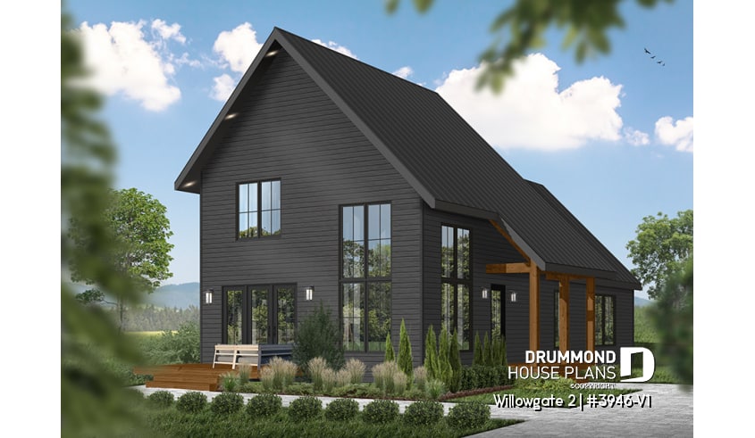 front - BASE MODEL - Modern cottage house plan, 3 bedrooms, master suite on main floor, lots of natural light, mezzanine - Willowgate 2