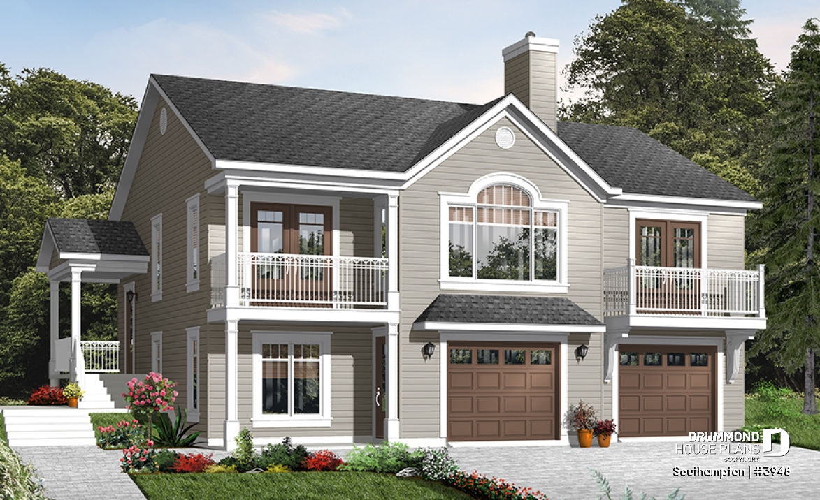 front - BASE MODEL - Panoramic 4 bedroom lakefront or mountain house plan, reverse floor plans, 2-car garage - Southampton