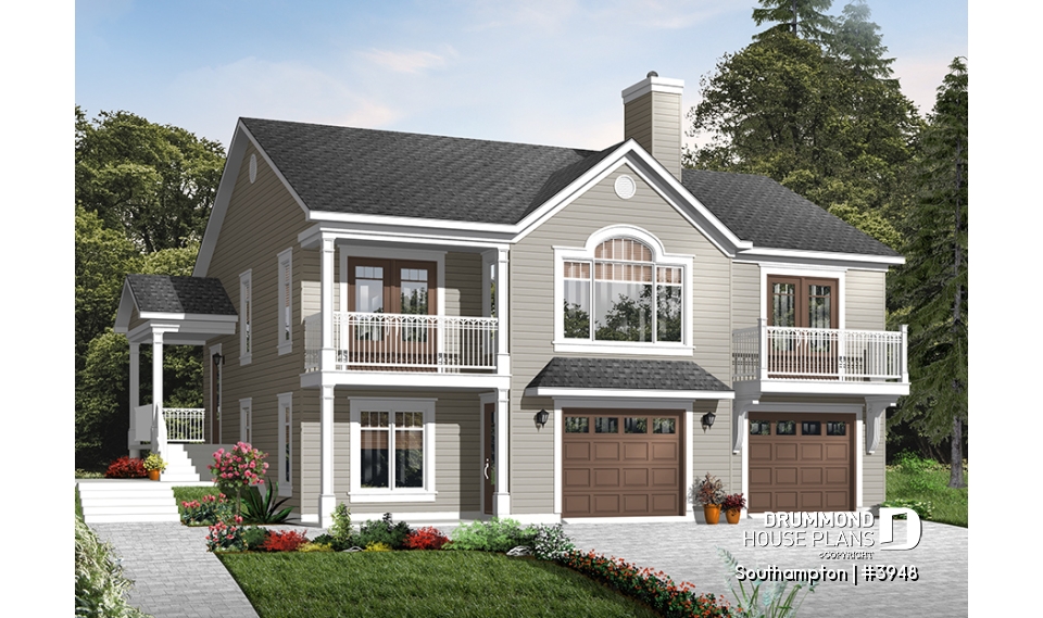 front - BASE MODEL - Panoramic 4 bedroom lakefront or mountain house plan, reverse floor plans, 2-car garage - Southampton