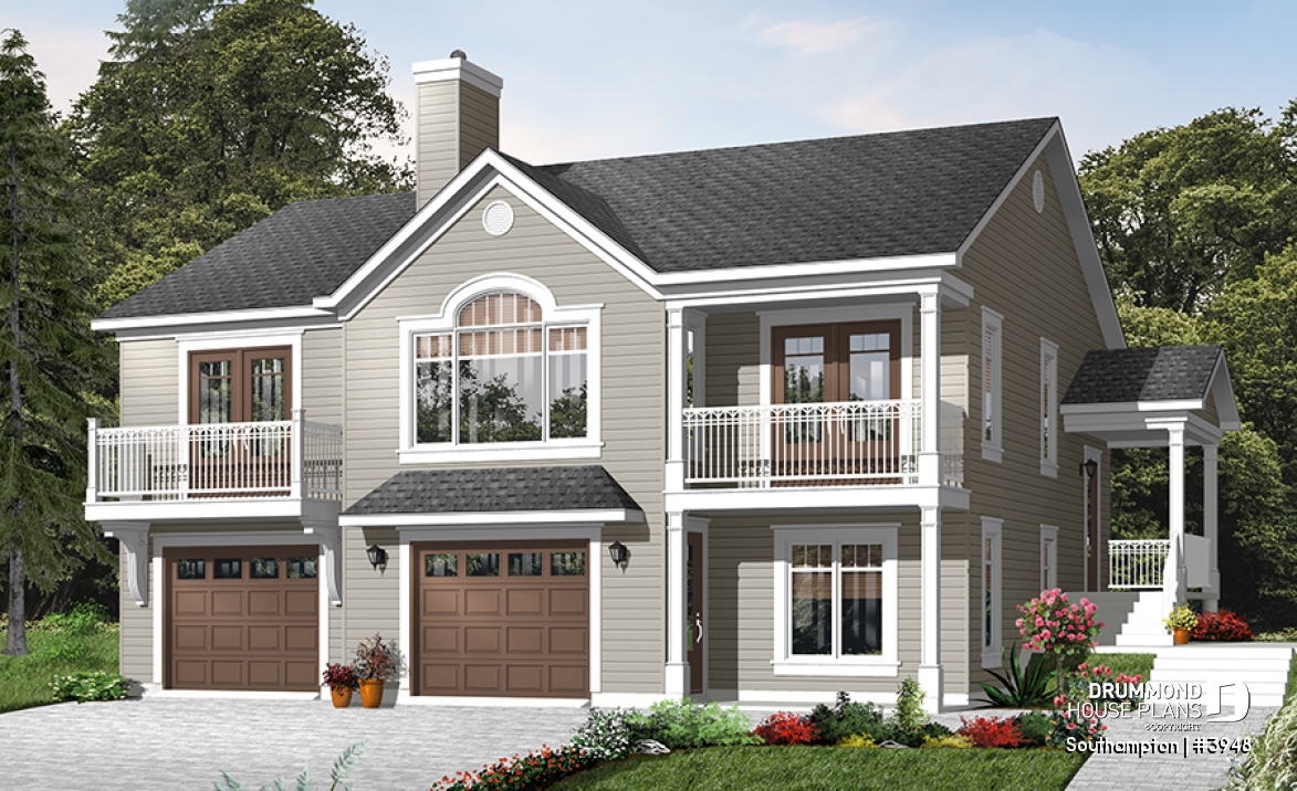 front - BASE MODEL - Panoramic 4 bedroom lakefront or mountain house plan, reverse floor plans, 2-car garage - Southampton