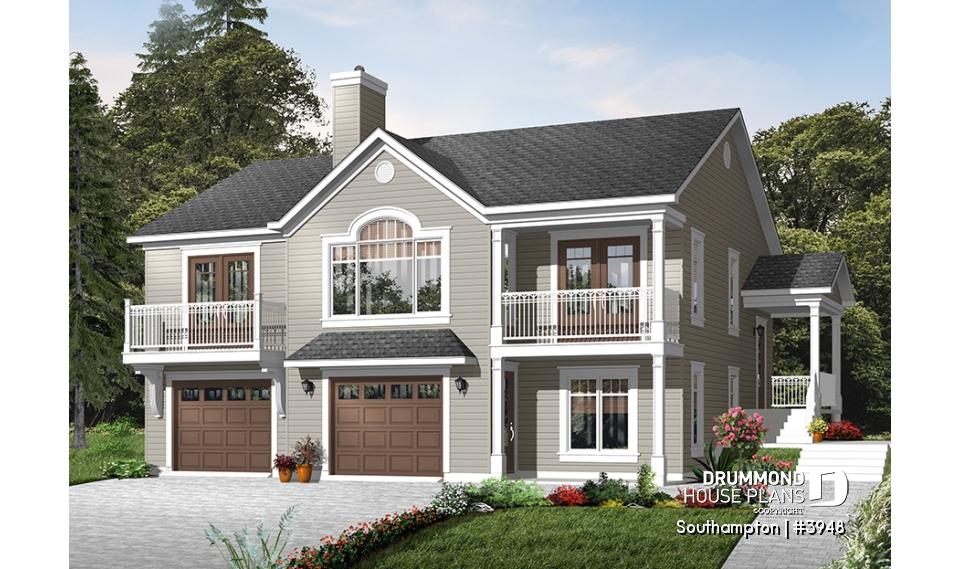 front - BASE MODEL - Panoramic 4 bedroom lakefront or mountain house plan, reverse floor plans, 2-car garage - Southampton