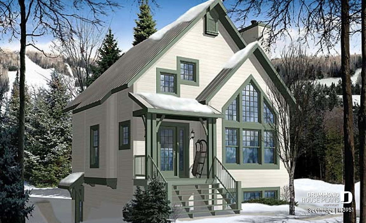front - BASE MODEL - Panoramic scandinavian cottage, 1 à 3 bedroom ski chalet house plan with mezzanine - Southridge