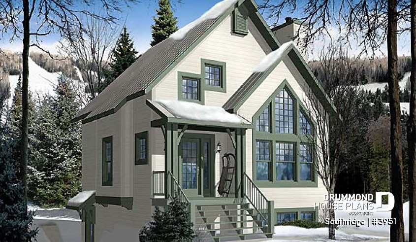 front - BASE MODEL - Panoramic scandinavian cottage, 1 à 3 bedroom ski chalet house plan with mezzanine - Southridge