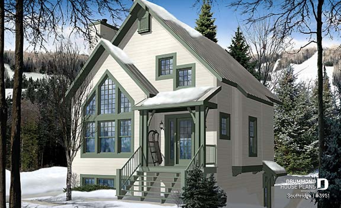 front - BASE MODEL - Panoramic scandinavian cottage, 1 à 3 bedroom ski chalet house plan with mezzanine - Southridge