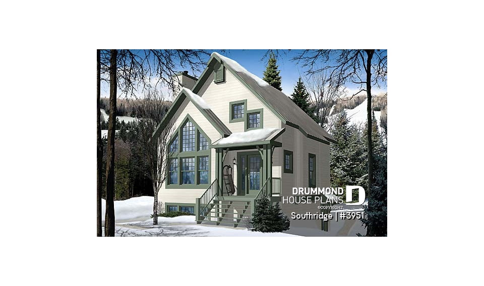 front - BASE MODEL - Panoramic scandinavian cottage, 1 à 3 bedroom ski chalet house plan with mezzanine - Southridge