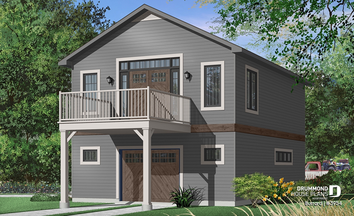 Color version 7 - Rear - Garage plan with apartment on second floor, tandem style garage + workshop, cathedral ceiling in apartment - Burrard