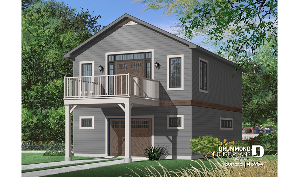 Color version 7 - Rear - Garage plan with apartment on second floor, tandem style garage + workshop, cathedral ceiling in apartment - Burrard