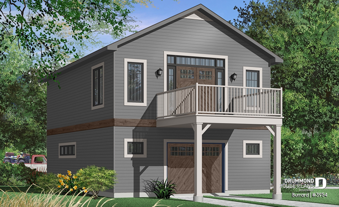 Color version 7 - Rear - Garage plan with apartment on second floor, tandem style garage + workshop, cathedral ceiling in apartment - Burrard