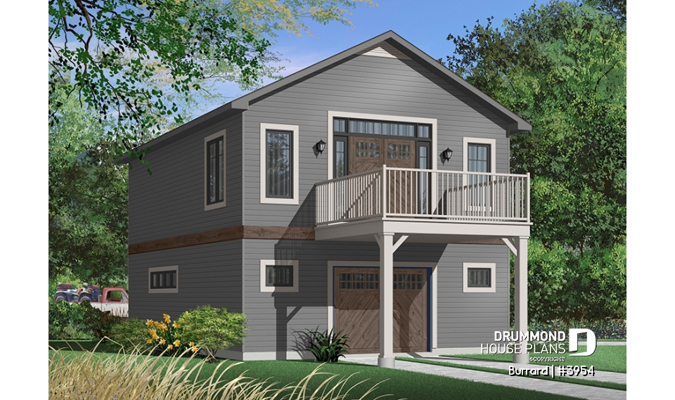 Color version 7 - Rear - Garage plan with apartment on second floor, tandem style garage + workshop, cathedral ceiling in apartment - Burrard