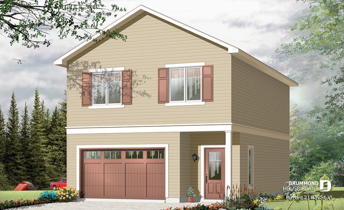front - ORIGINAL MODEL - One-car garage apartement plan, workshop space, 2 bedrooms, cathedral ceiling on second floor - Burrard 2