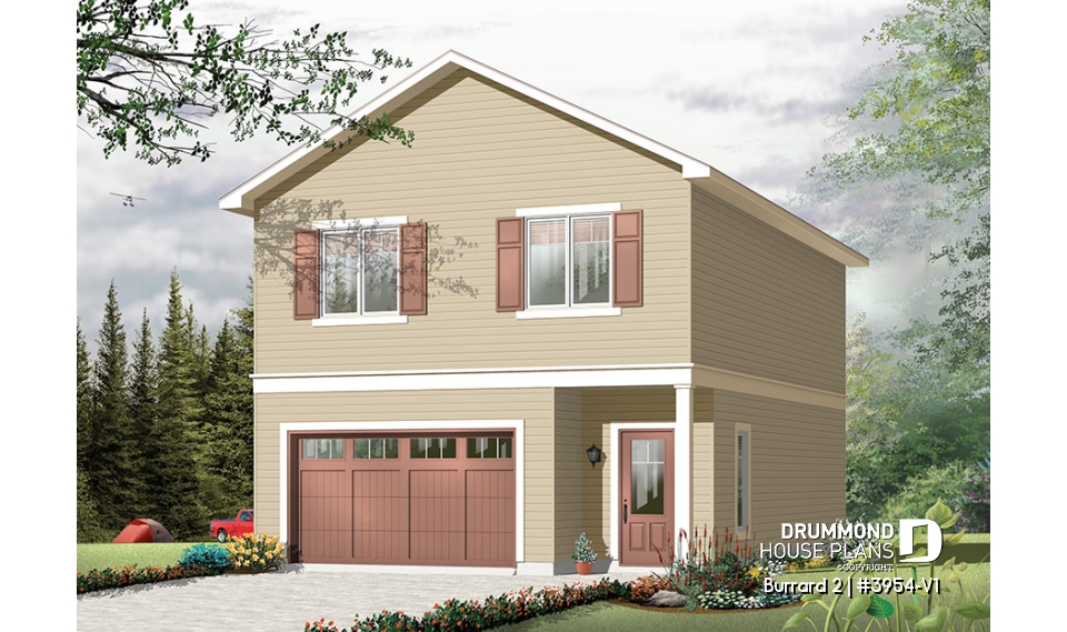 front - ORIGINAL MODEL - One-car garage apartement plan, workshop space, 2 bedrooms, cathedral ceiling on second floor - Burrard 2