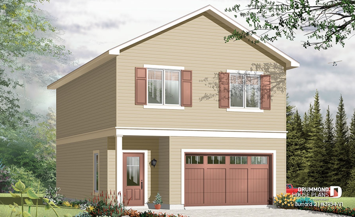 front - ORIGINAL MODEL - One-car garage apartement plan, workshop space, 2 bedrooms, cathedral ceiling on second floor - Burrard 2