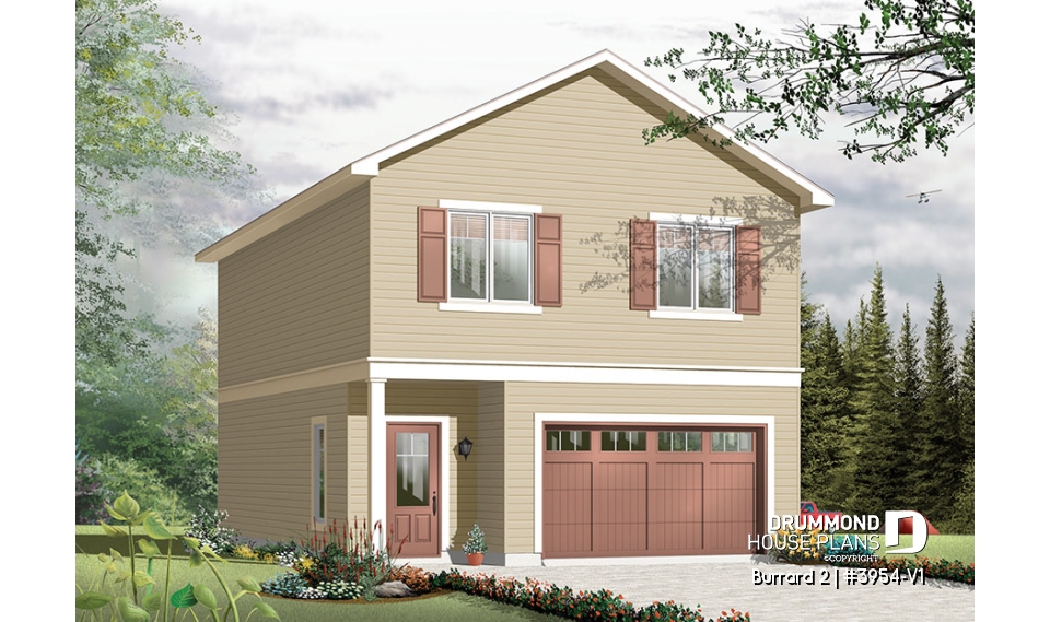 front - ORIGINAL MODEL - One-car garage apartement plan, workshop space, 2 bedrooms, cathedral ceiling on second floor - Burrard 2