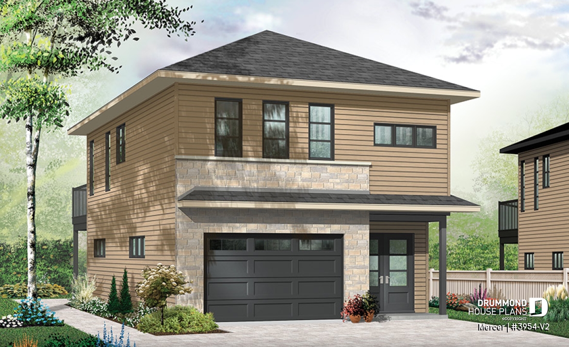 front - BASE MODEL - Contemporary style garage apartment house plan with open floor plan, large terrace and full apartment - Mercer