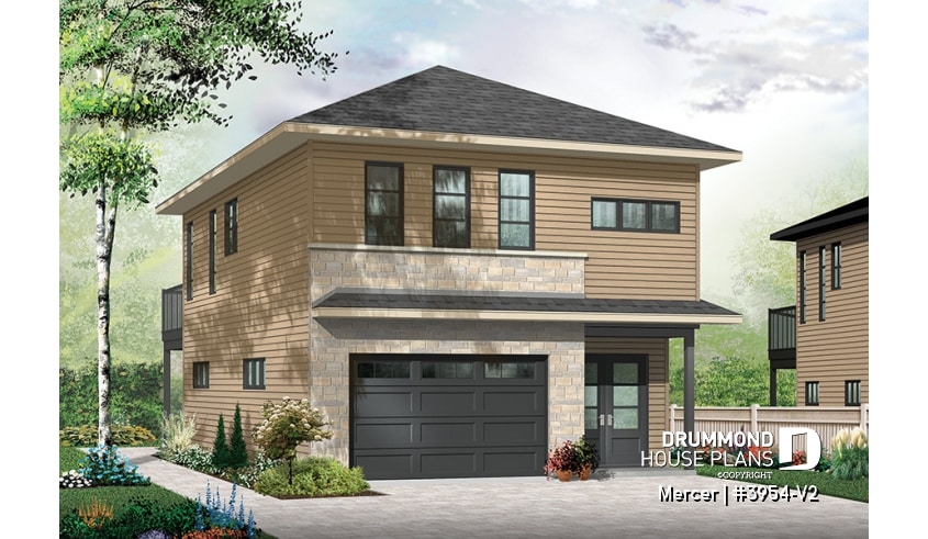 front - BASE MODEL - Contemporary style garage apartment house plan with open floor plan, large terrace and full apartment - Mercer