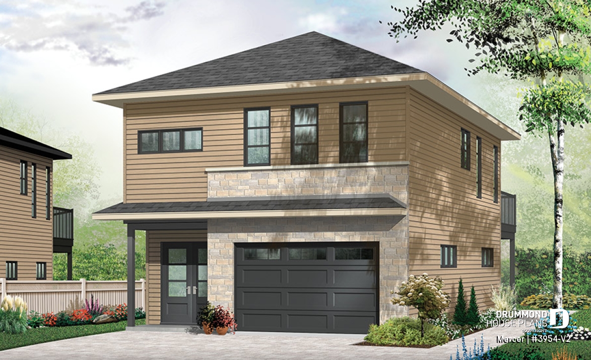 front - BASE MODEL - Contemporary style garage apartment house plan with open floor plan, large terrace and full apartment - Mercer