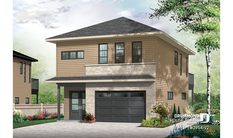 front - BASE MODEL - Contemporary style garage apartment house plan with open floor plan, large terrace and full apartment - Mercer