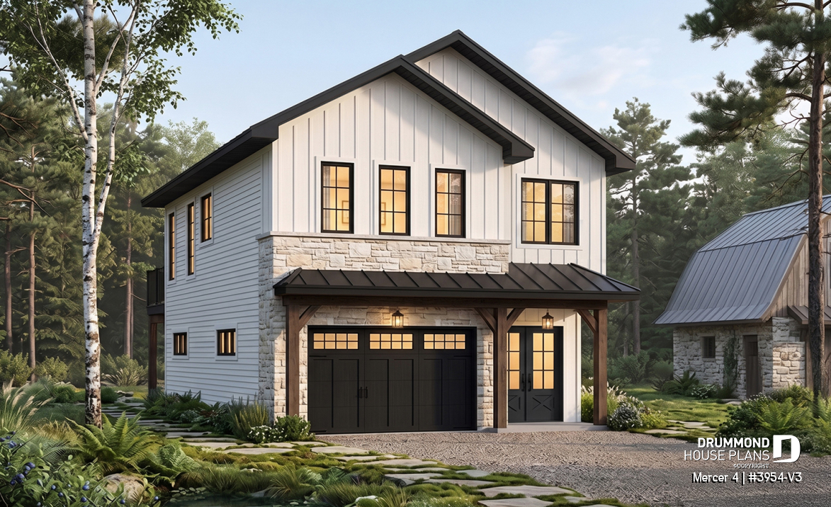 front - BASE MODEL - Two-car garage plan with a complete two-bedroom apartment above, ideal for waterfront properties or view lots. - Mercer 4