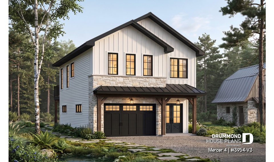 front - BASE MODEL - Two-car garage plan with a complete two-bedroom apartment above, ideal for waterfront properties or view lots. - Mercer 4