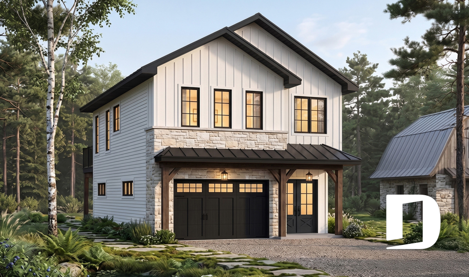 front - BASE MODEL - Two-car garage plan with a complete two-bedroom apartment above, ideal for waterfront properties or view lots. - Mercer 4
