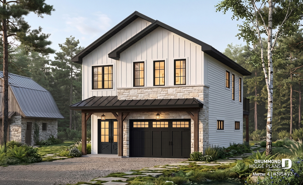 front - BASE MODEL - Two-car garage plan with a complete two-bedroom apartment above, ideal for waterfront properties or view lots. - Mercer 4