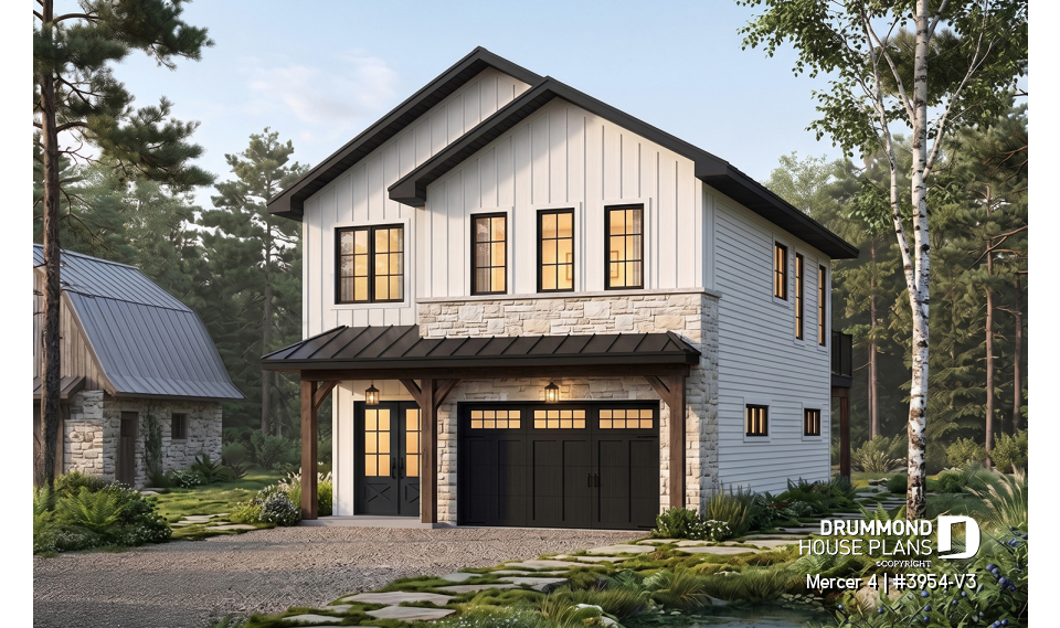 front - BASE MODEL - Two-car garage plan with a complete two-bedroom apartment above, ideal for waterfront properties or view lots. - Mercer 4