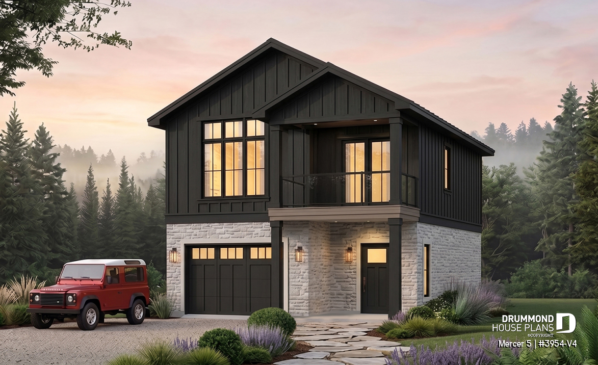 front - BASE MODEL - Two-bedroom garage apartment plan with a two-car tandem garage, ideal for narrow waterfront lots or view lots. - Mercer 5