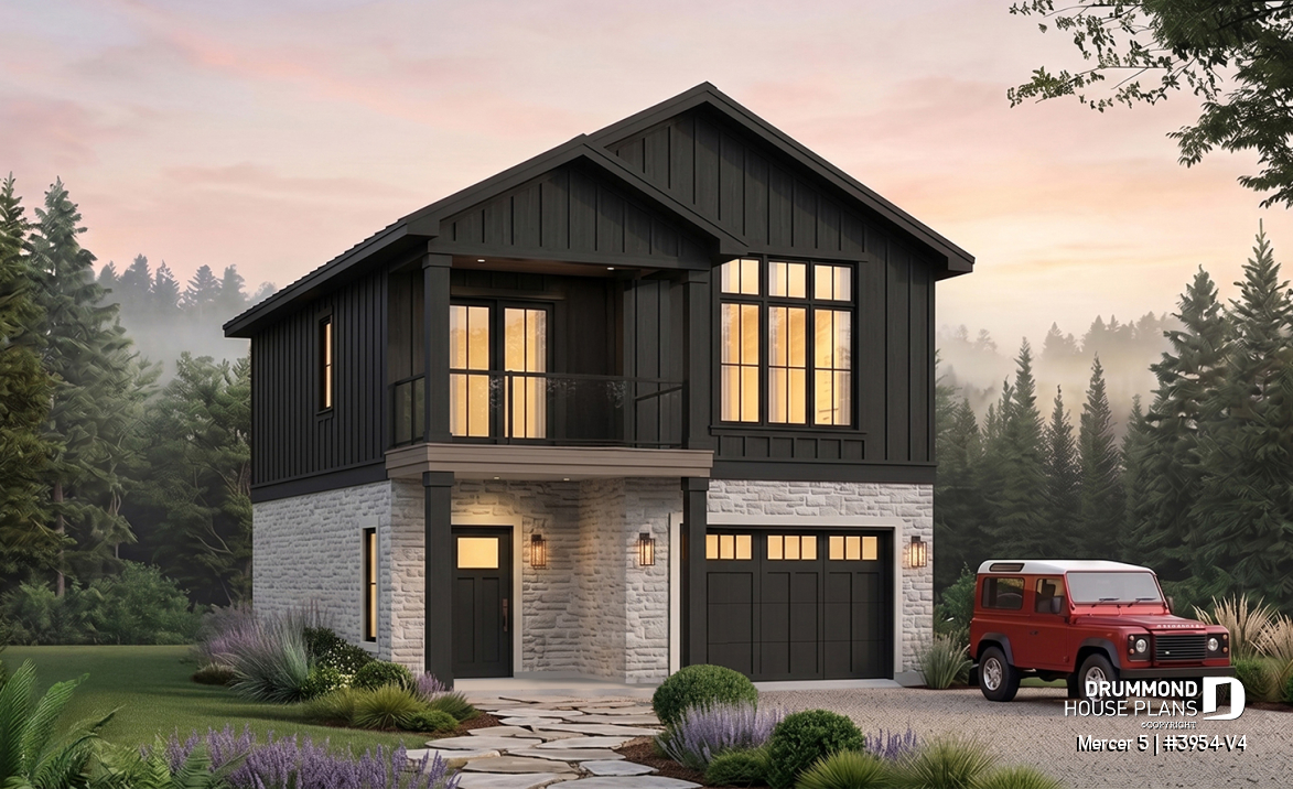 front - BASE MODEL - Two-bedroom garage apartment plan with a two-car tandem garage, ideal for narrow waterfront lots or view lots. - Mercer 5