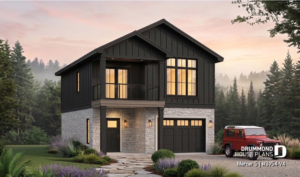 front - BASE MODEL - Two-bedroom garage apartment plan with a two-car tandem garage, ideal for narrow waterfront lots or view lots. - Mercer 5