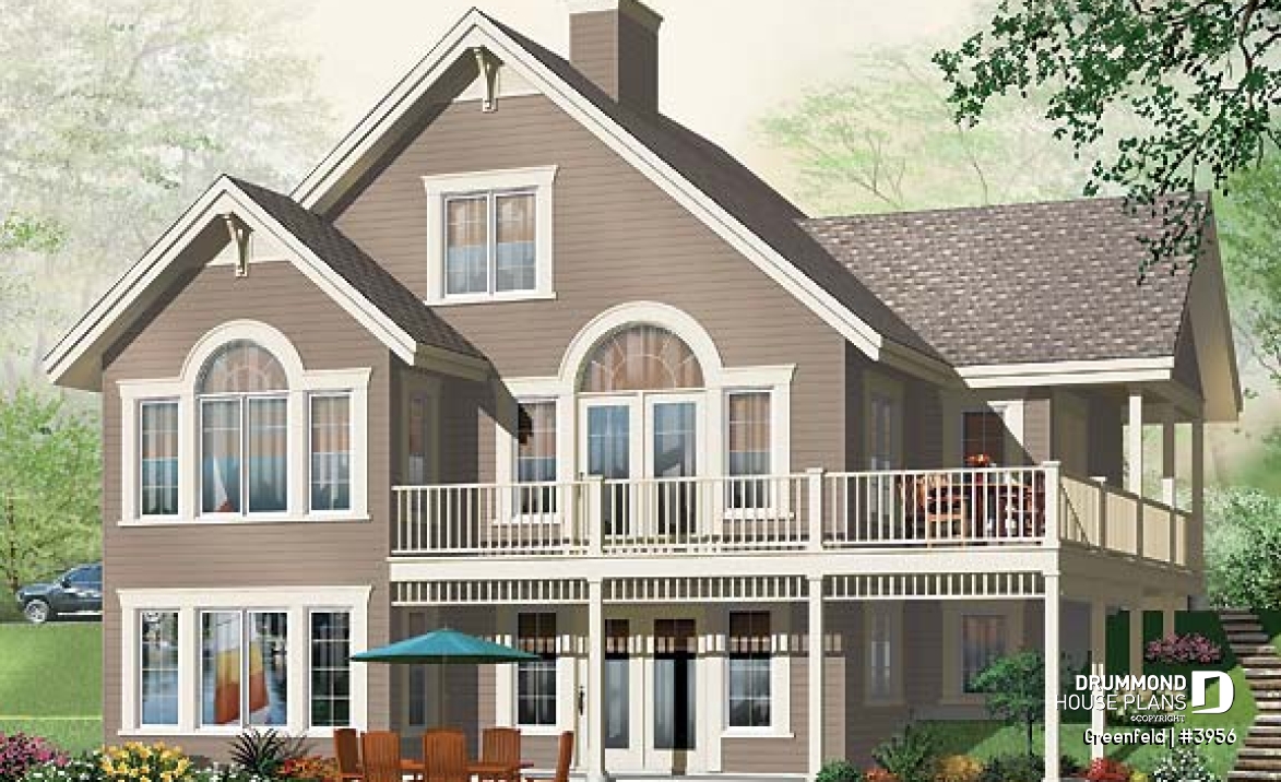 Rear view - BASE MODEL - Panoramic 3 to 6 bedroom chalet style house plan with open floor plan, fireplace, mezzanine - Greenfeld