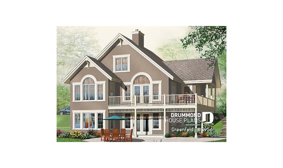 Rear view - BASE MODEL - Panoramic 3 to 6 bedroom chalet style house plan with open floor plan, fireplace, mezzanine - Greenfeld