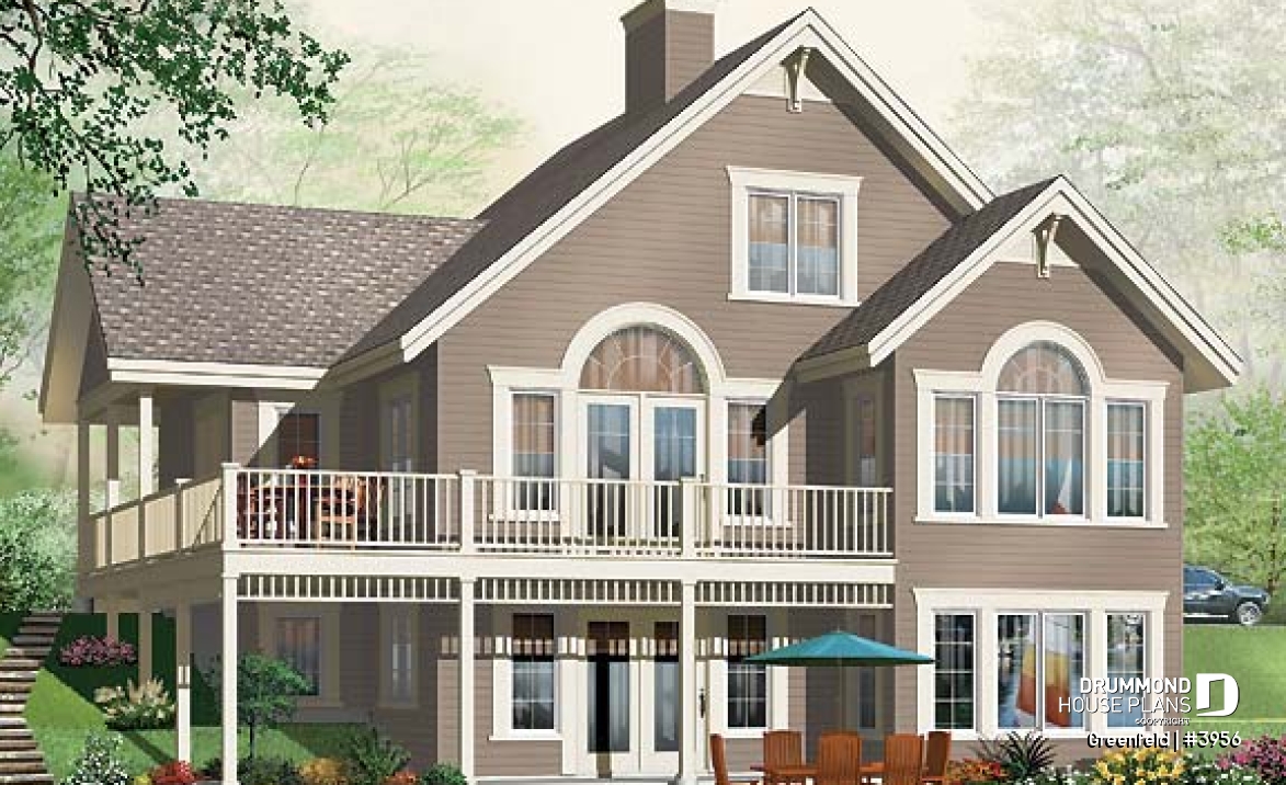 Rear view - BASE MODEL - Panoramic 3 to 6 bedroom chalet style house plan with open floor plan, fireplace, mezzanine - Greenfeld