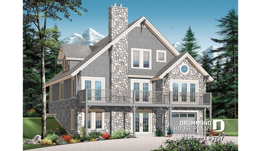 Rear view - BASE MODEL - Mountain style house plan with home elevator, 3 to 4 bedrooms, panoramic view, 2-car garage & den - Belmont