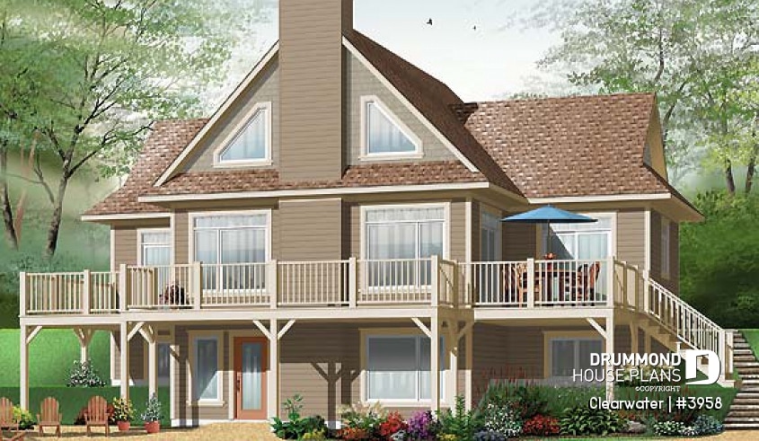 Rear view - BASE MODEL - 4 bedroom panoramic cottage house plan with walkout basement and 3 family / media rooms - Clearwater