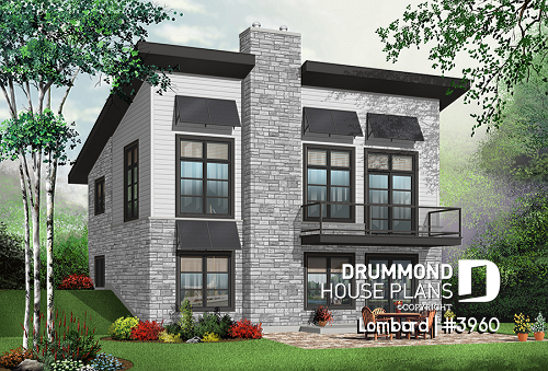 Color version 6 - Front - Lakefront modern cottage house plan, walkout basement, 3 to 4 bedrooms, 2 family rooms, 2 fireplaces, storage - Lombard