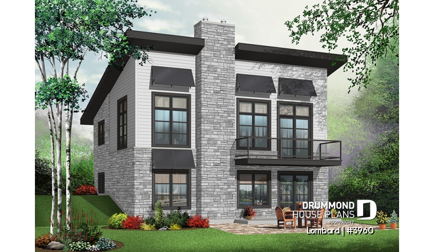 Color version 6 - Front - Lakefront modern cottage house plan, walkout basement, 3 to 4 bedrooms, 2 family rooms, 2 fireplaces, storage - Lombard