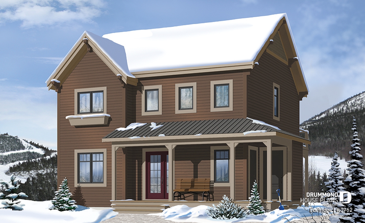 front - BASE MODEL - 3 bedroom chalet house plan with 10' ceilings on second floor living area, reverse floor plans - Eastridge