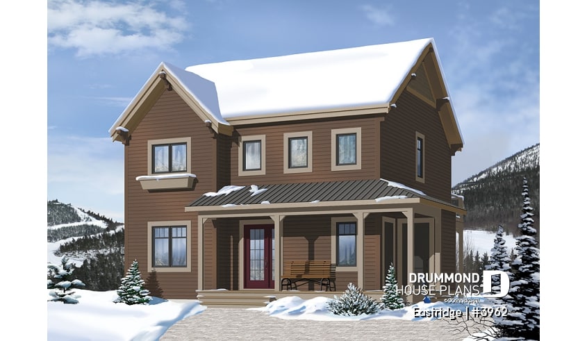 front - BASE MODEL - 3 bedroom chalet house plan with 10' ceilings on second floor living area, reverse floor plans - Eastridge