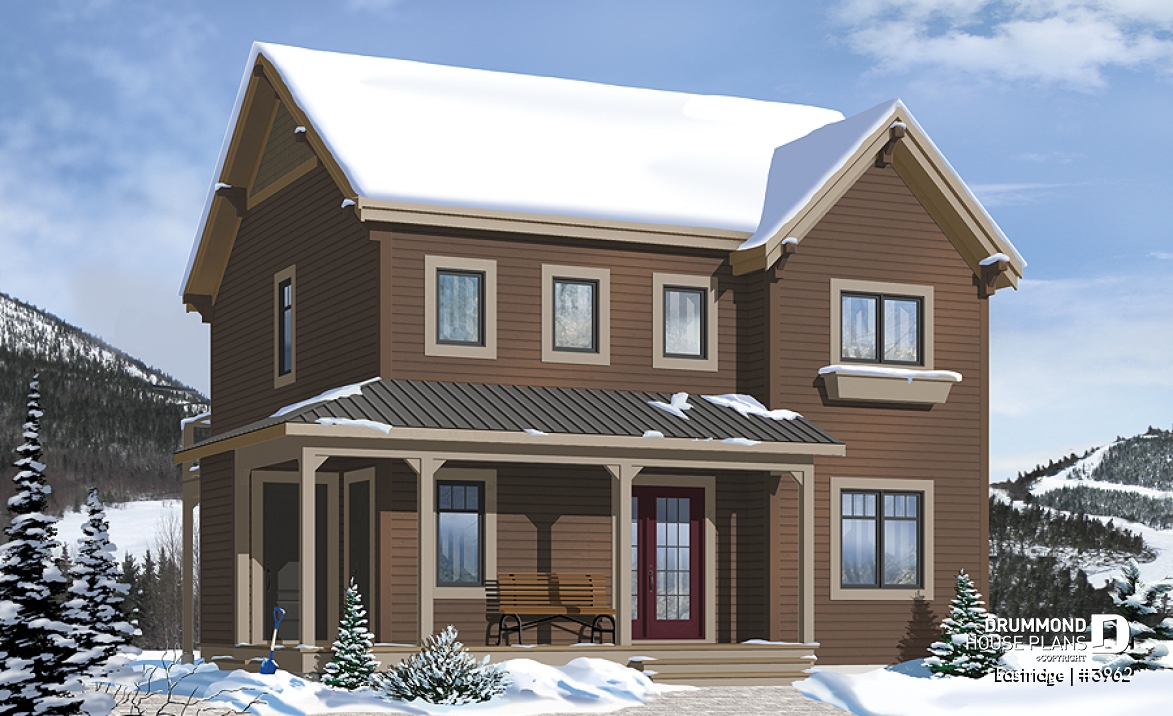 front - BASE MODEL - 3 bedroom chalet house plan with 10' ceilings on second floor living area, reverse floor plans - Eastridge