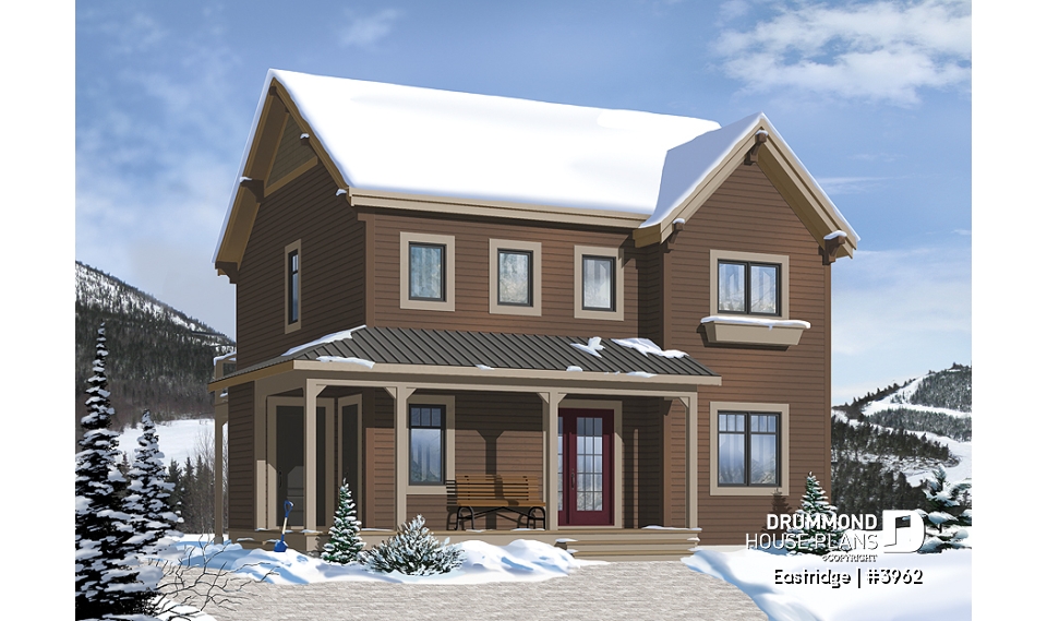 front - BASE MODEL - 3 bedroom chalet house plan with 10' ceilings on second floor living area, reverse floor plans - Eastridge