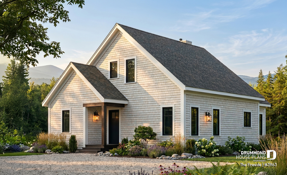 front - BASE MODEL - Waterfront small Cottage house plan, master on main floor, fireplace, pantry, mezzanine, covered patio - The Fireside