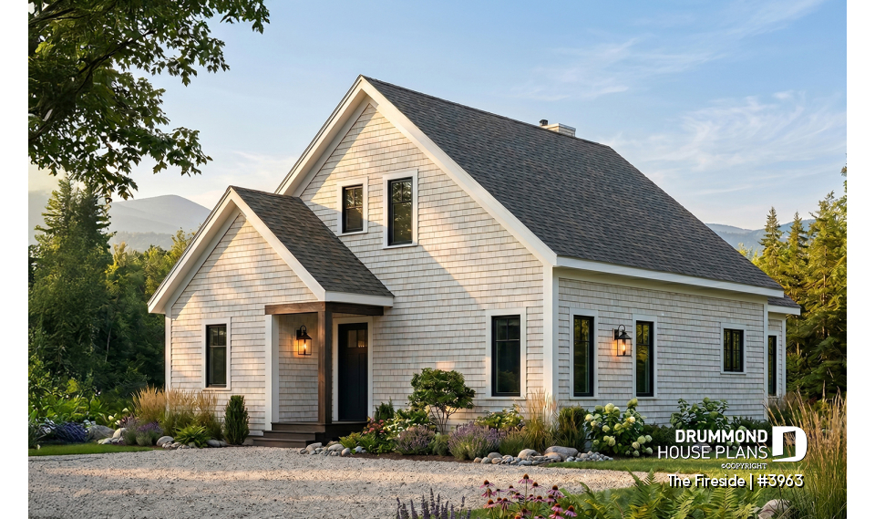 front - BASE MODEL - Waterfront small Cottage house plan, master on main floor, fireplace, pantry, mezzanine, covered patio - The Fireside