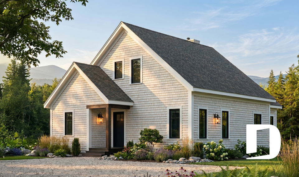 front - BASE MODEL - Waterfront small Cottage house plan, master on main floor, fireplace, pantry, mezzanine, covered patio - The Fireside