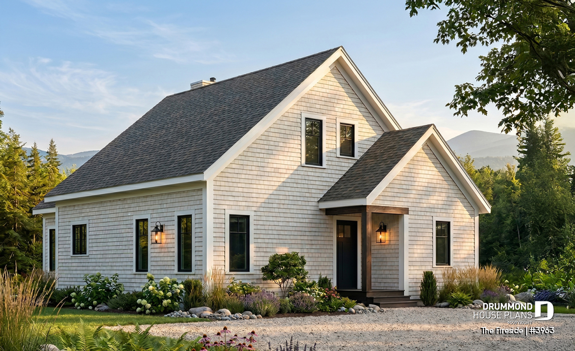front - BASE MODEL - Waterfront small Cottage house plan, master on main floor, fireplace, pantry, mezzanine, covered patio - The Fireside